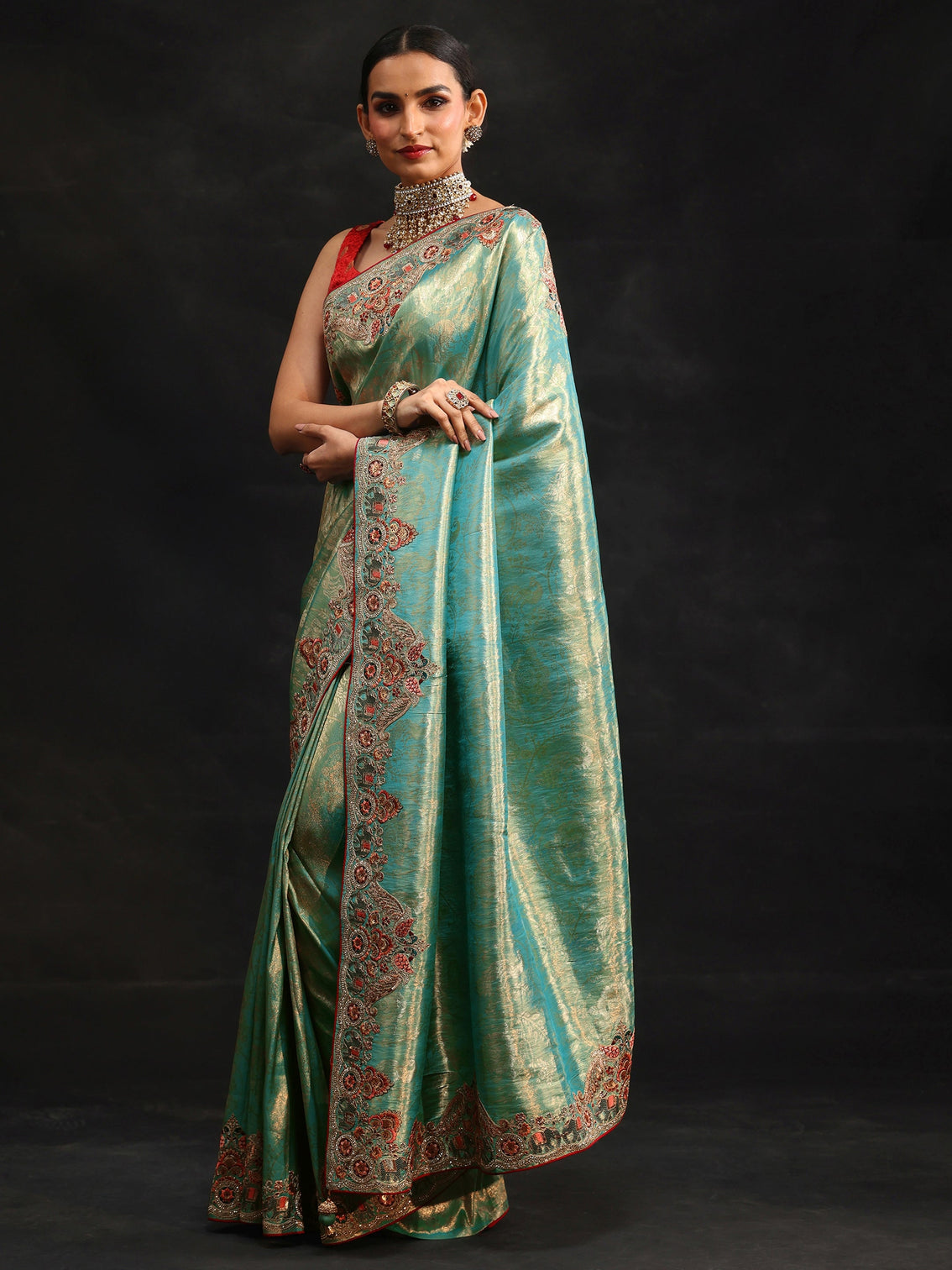 Mameraa Art Aqua Blue Woven Design Saree with Embroidered Border