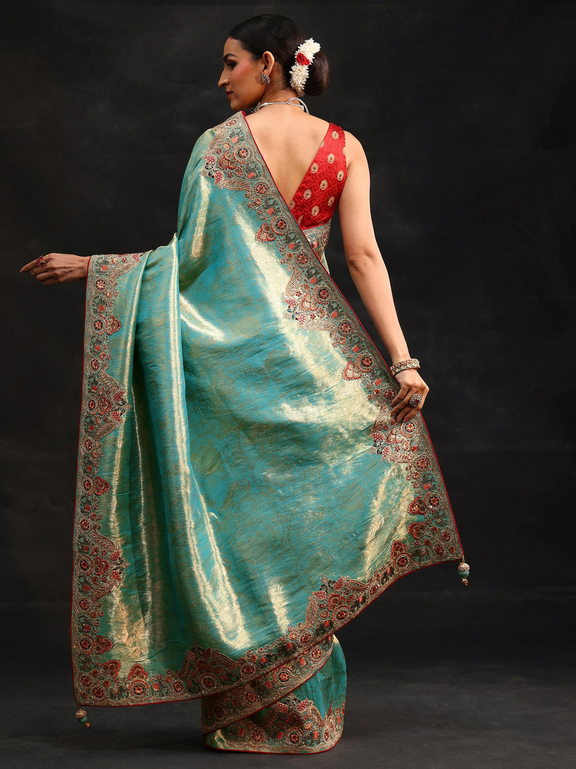 Mameraa Art Aqua Blue Woven Design Saree with Embroidered Border