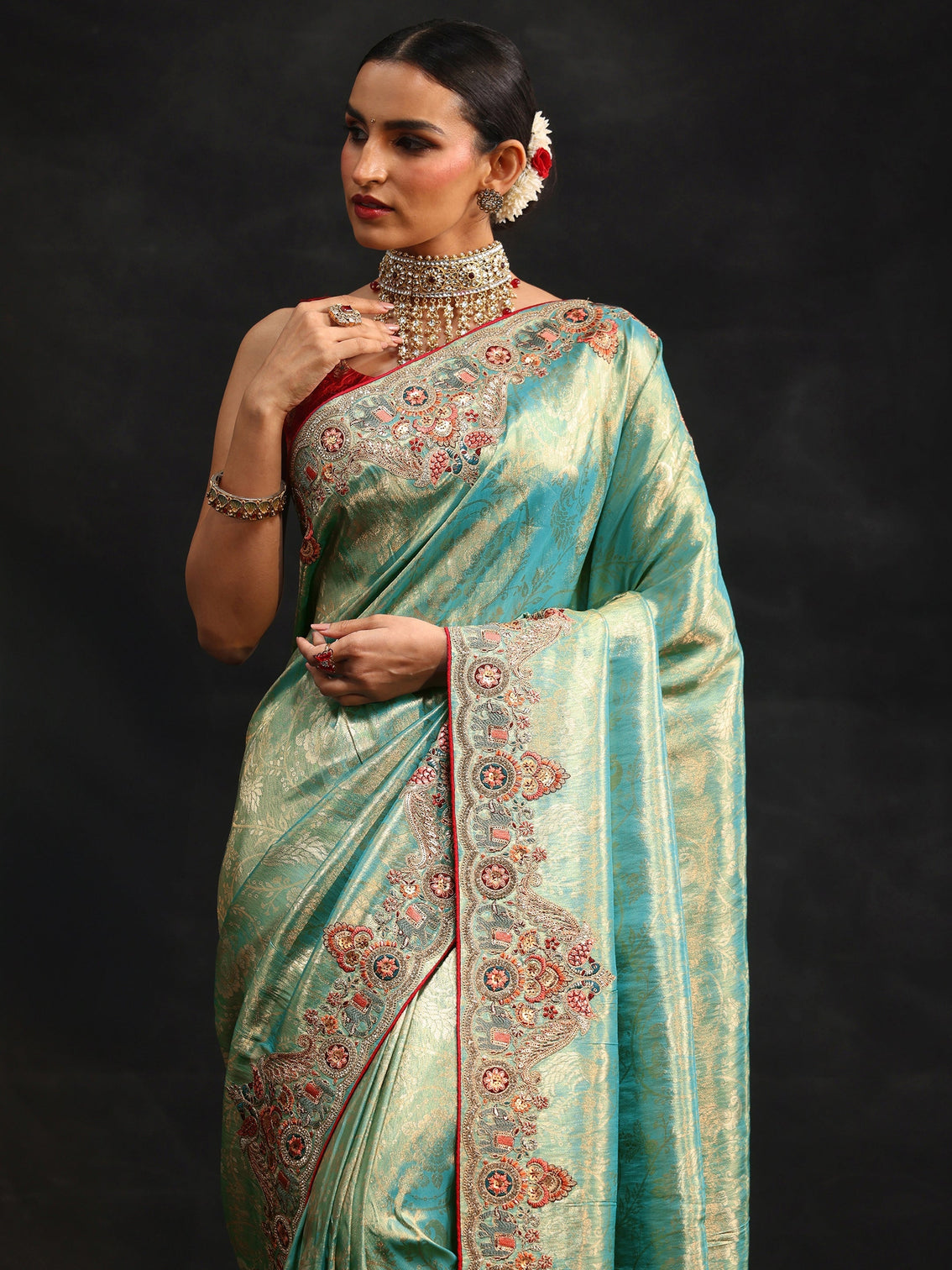 Mameraa Art Aqua Blue Woven Design Saree with Embroidered Border