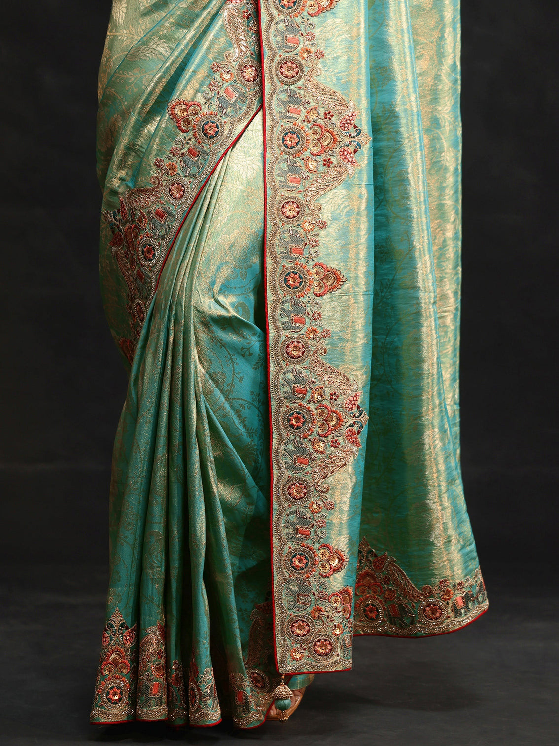 Mameraa Art Aqua Blue Woven Design Saree with Embroidered Border