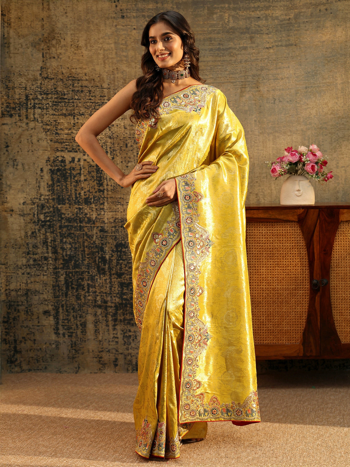 Mameraa Art Chartreuse Green Woven Silk Blend Saree with Embellished Saree
