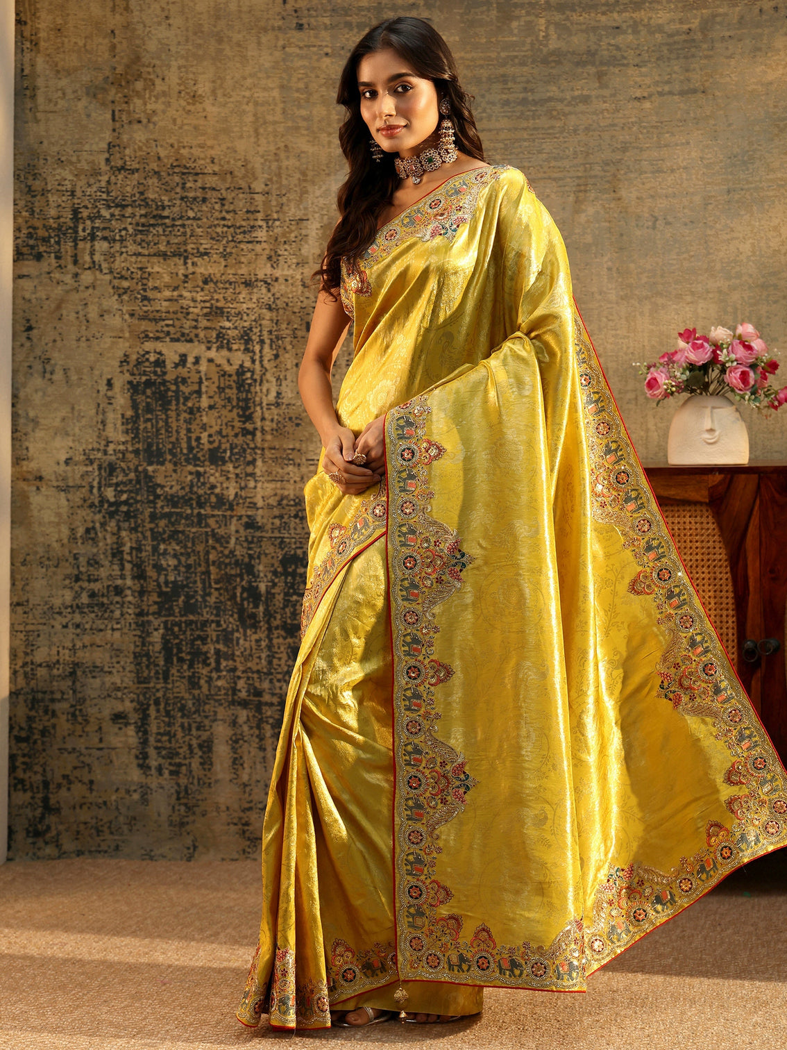 Mameraa Art Chartreuse Green Woven Silk Blend Saree with Embellished Saree