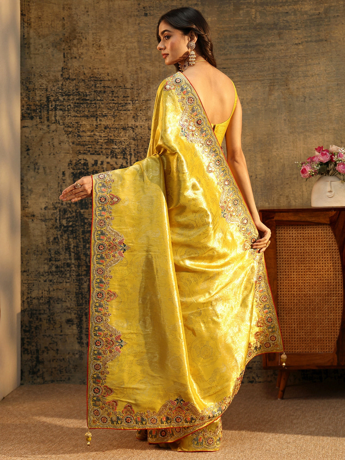 Mameraa Art Chartreuse Green Woven Silk Blend Saree with Embellished Saree