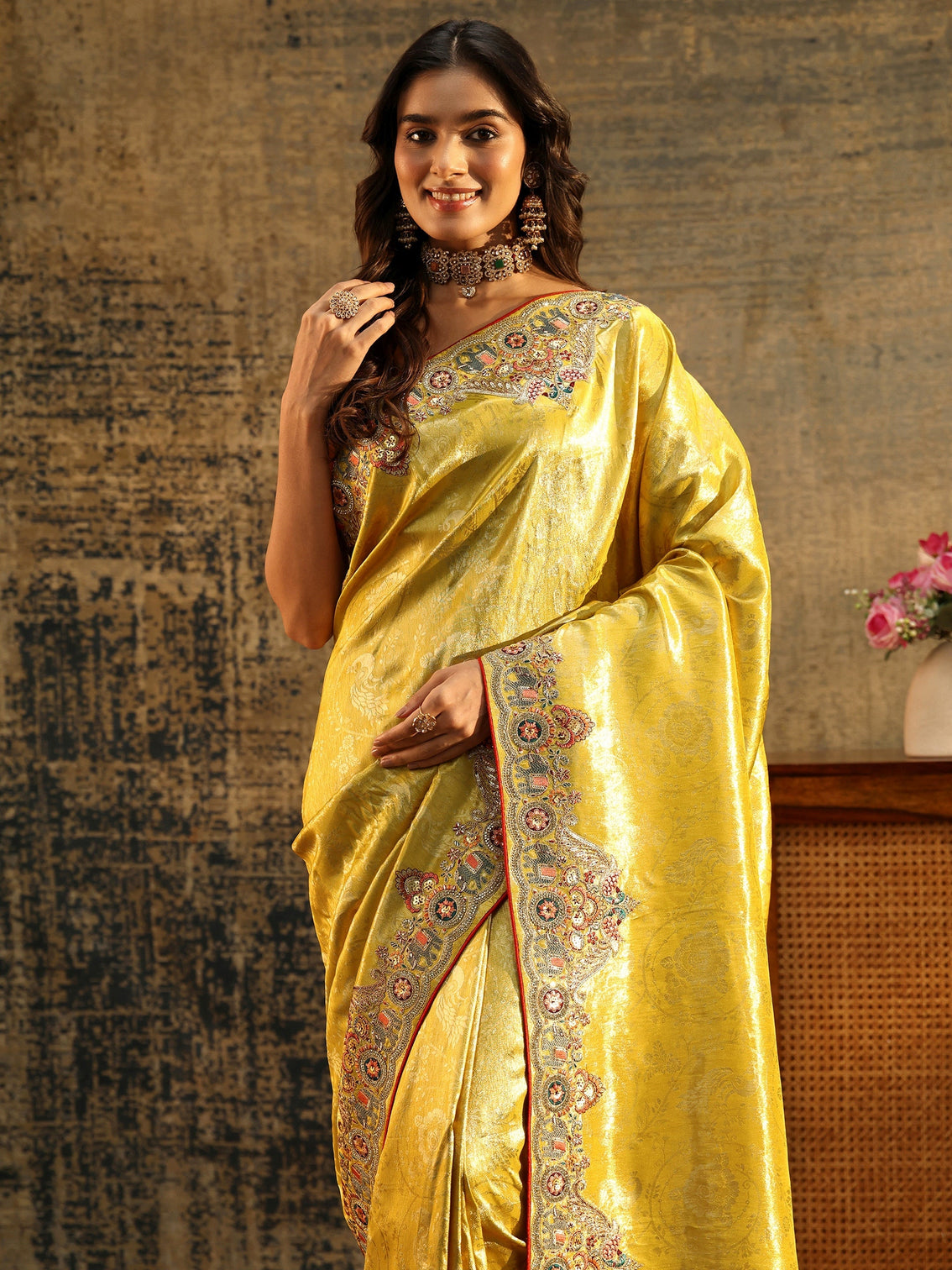 Mameraa Art Chartreuse Green Woven Silk Blend Saree with Embellished Saree