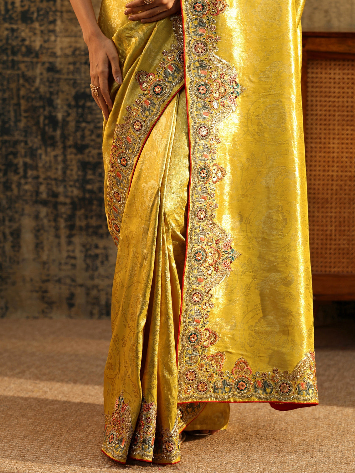 Mameraa Art Chartreuse Green Woven Silk Blend Saree with Embellished Saree