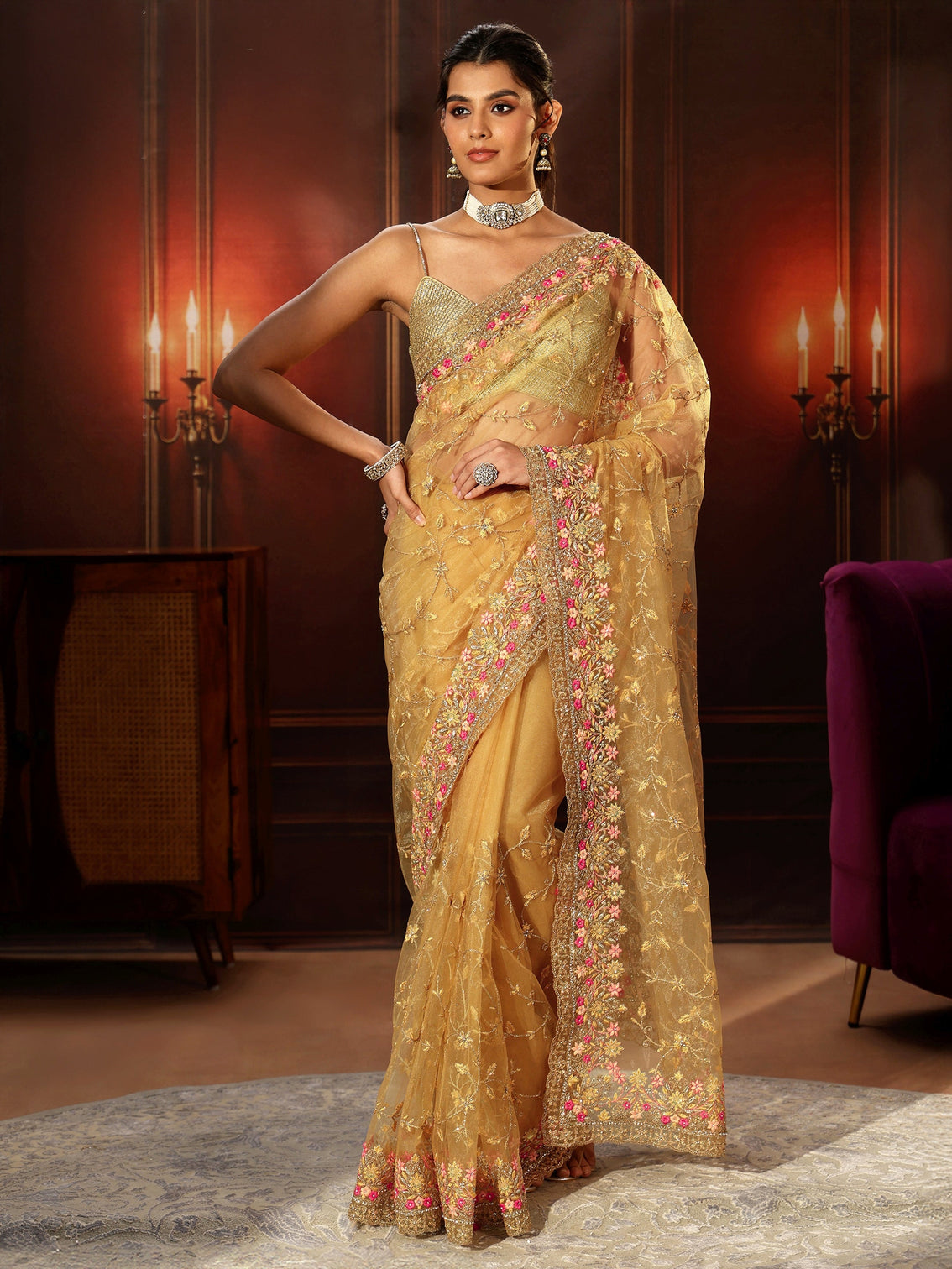 Mameraa Mustard Floral Embroidered Net Saree