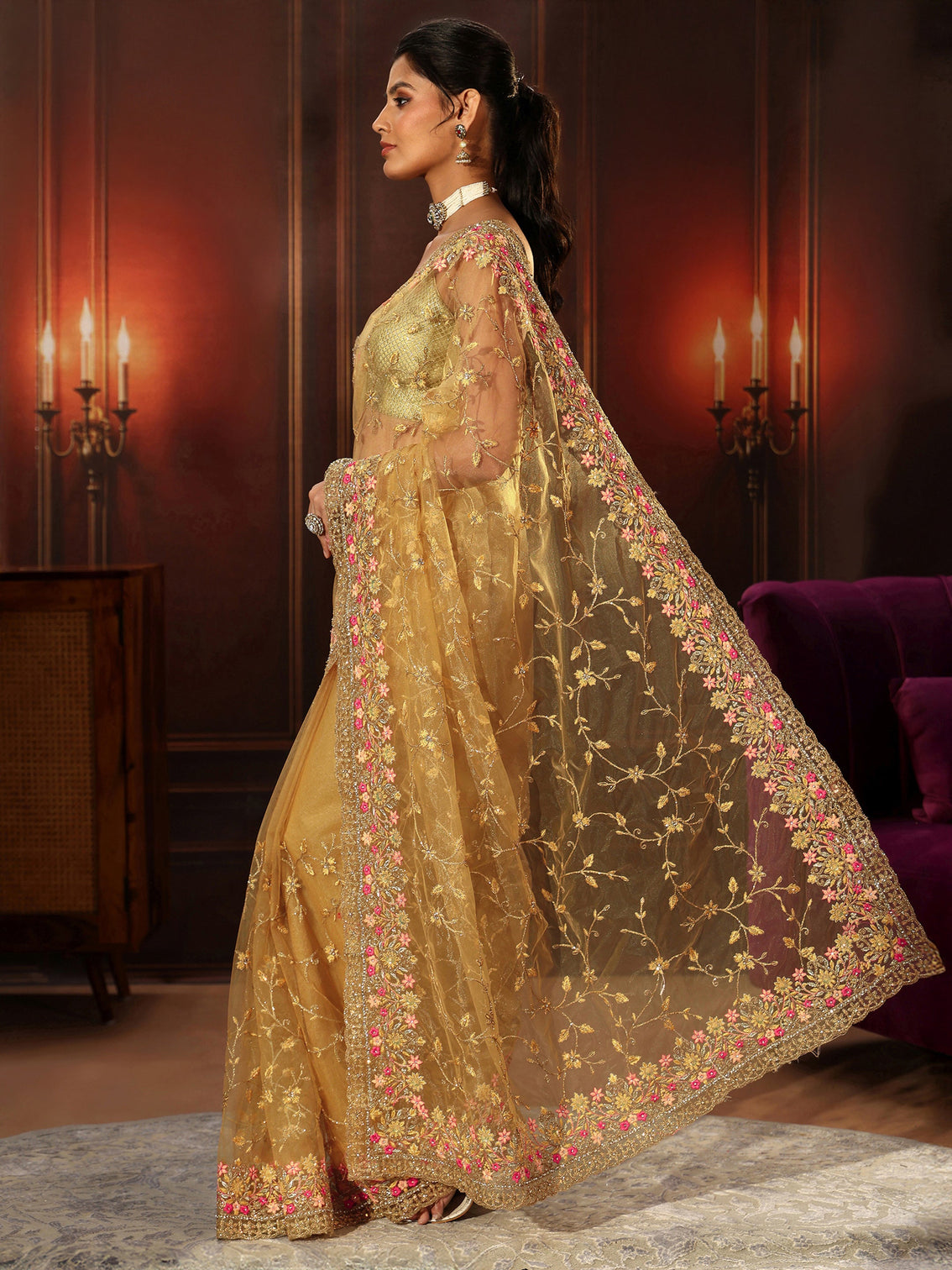 Mameraa Mustard Floral Embroidered Net Saree