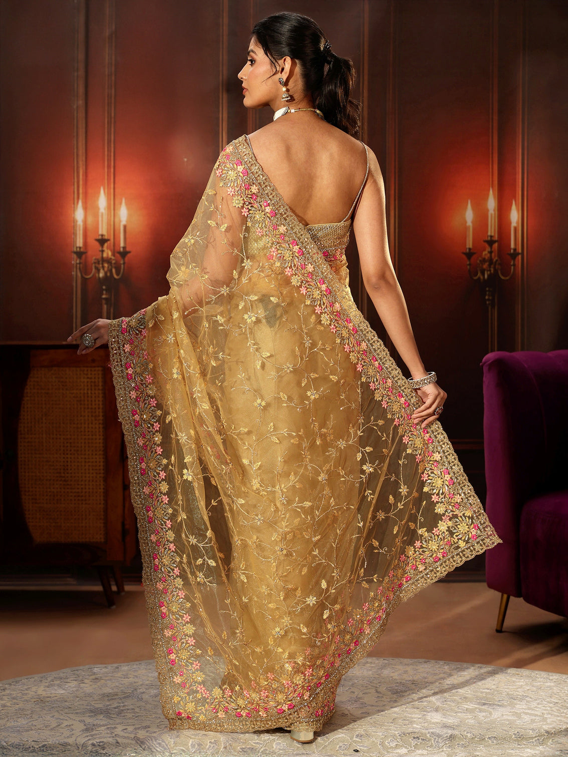 Mameraa Mustard Floral Embroidered Net Saree