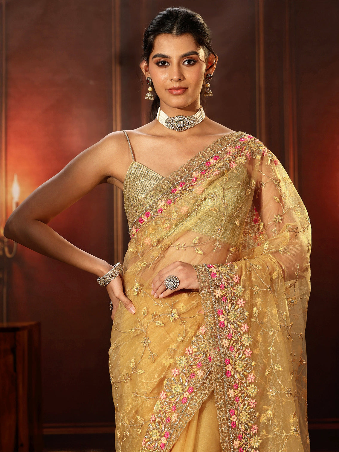 Mameraa Mustard Floral Embroidered Net Saree