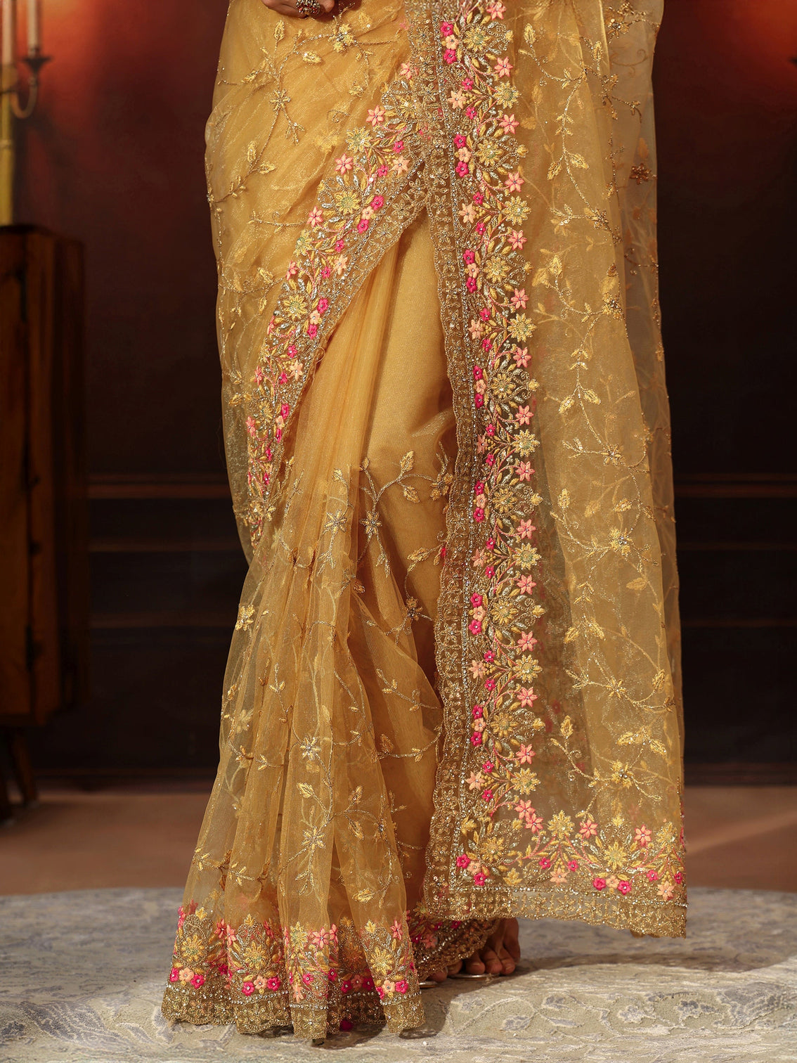 Mameraa Mustard Floral Embroidered Net Saree
