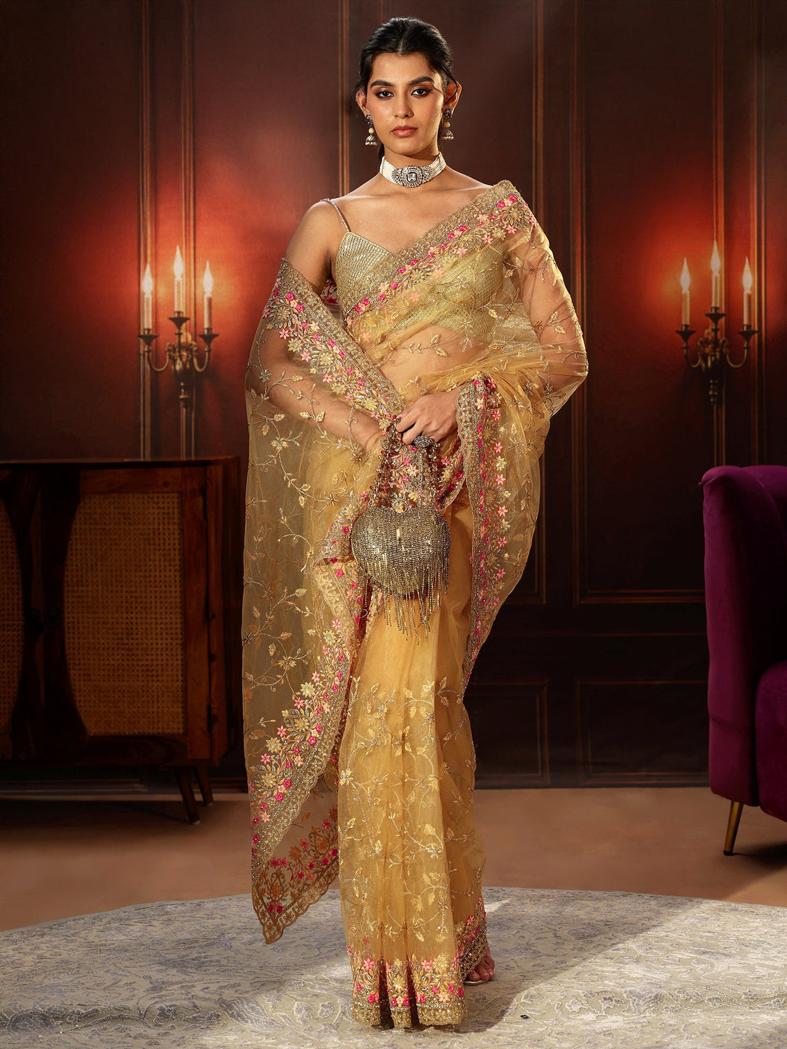 Mameraa Mustard Floral Embroidered Net Saree