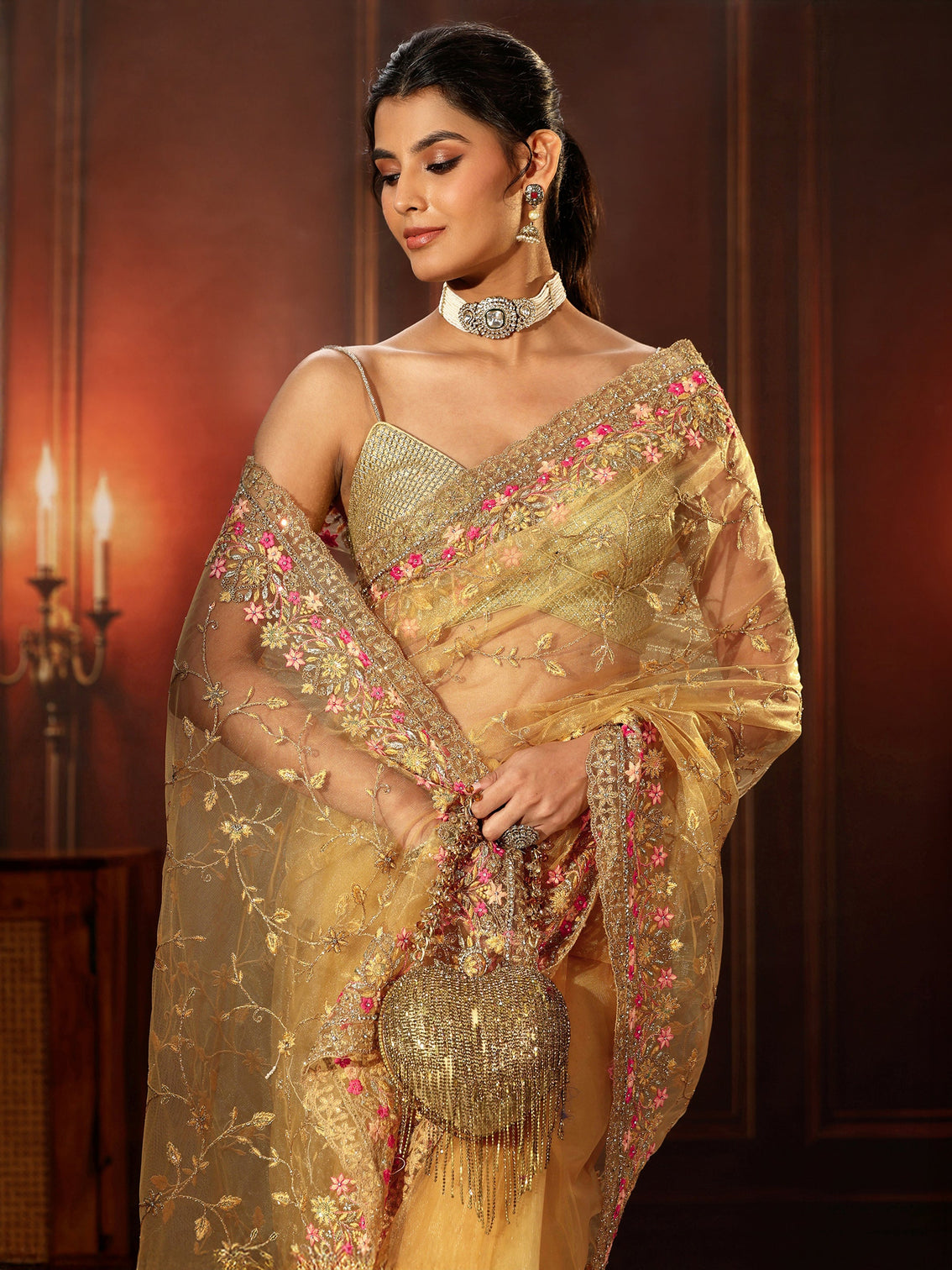 Mameraa Mustard Floral Embroidered Net Saree