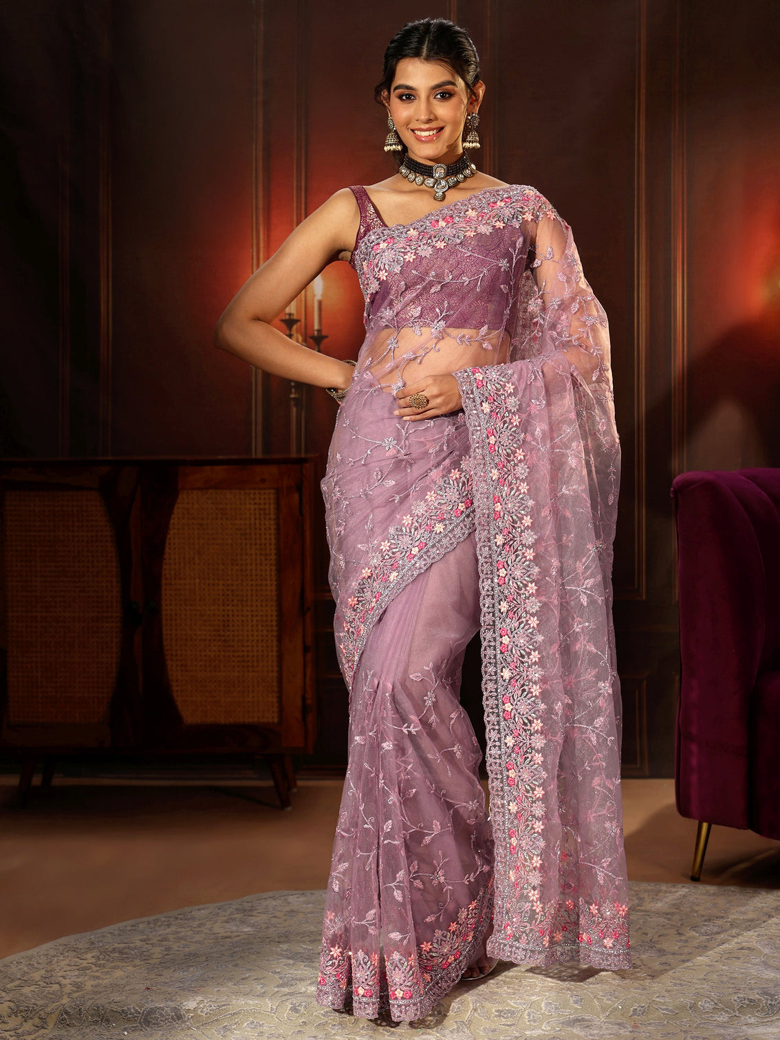 Mameraa Lavender Floral Embroidered Net Saree