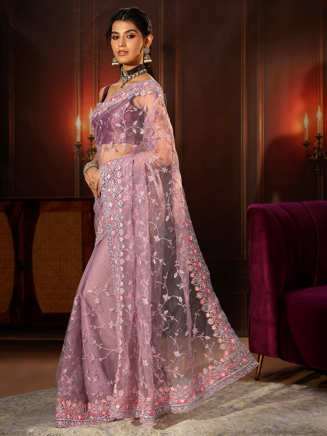 Mameraa Lavender Floral Embroidered Net Saree