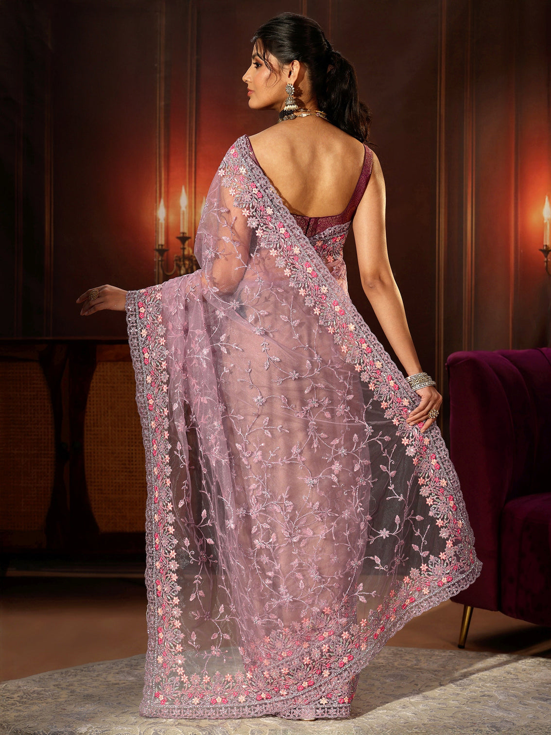 Mameraa Lavender Floral Embroidered Net Saree