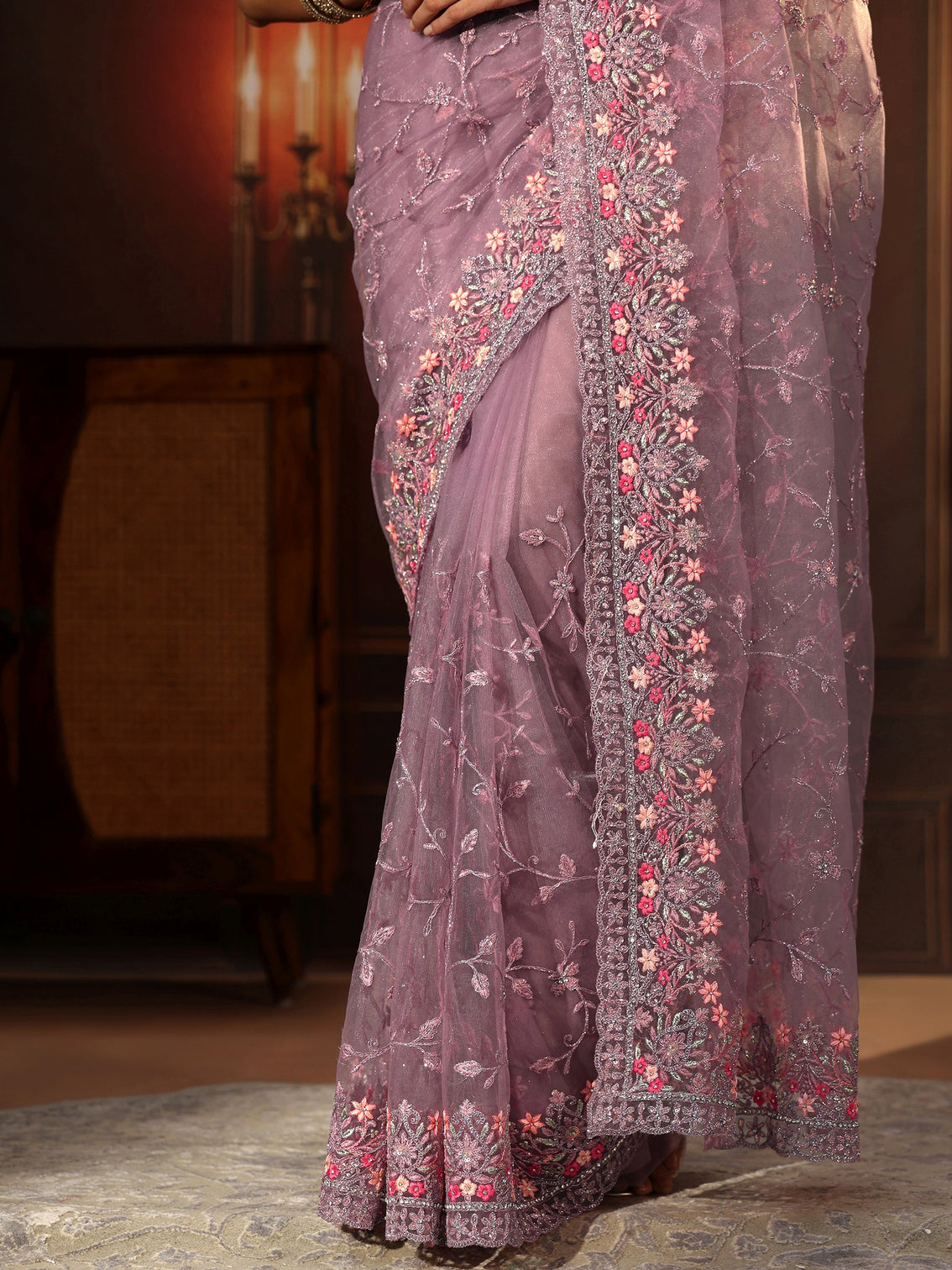 Mameraa Lavender Floral Embroidered Net Saree