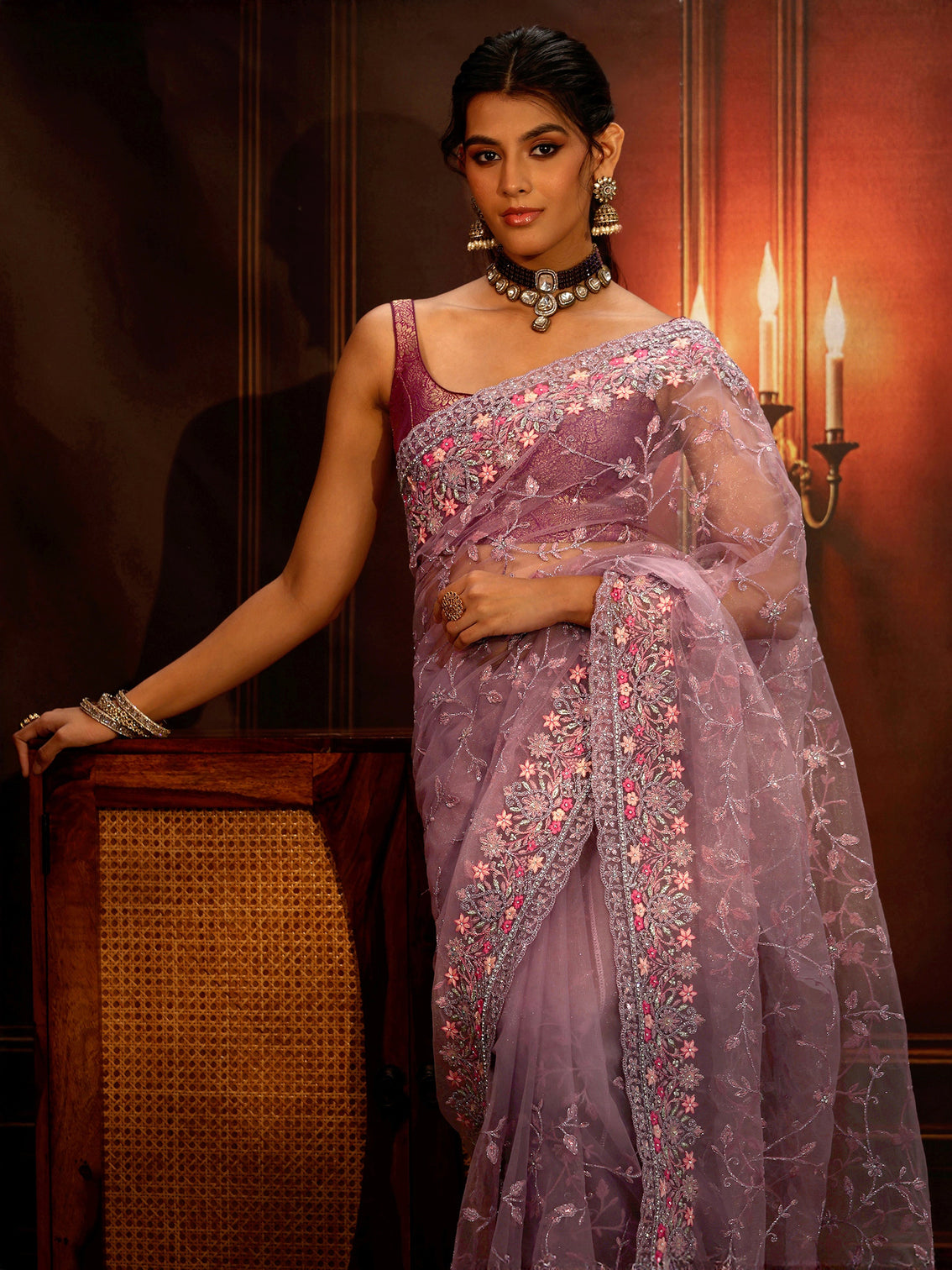 Mameraa Lavender Floral Embroidered Net Saree
