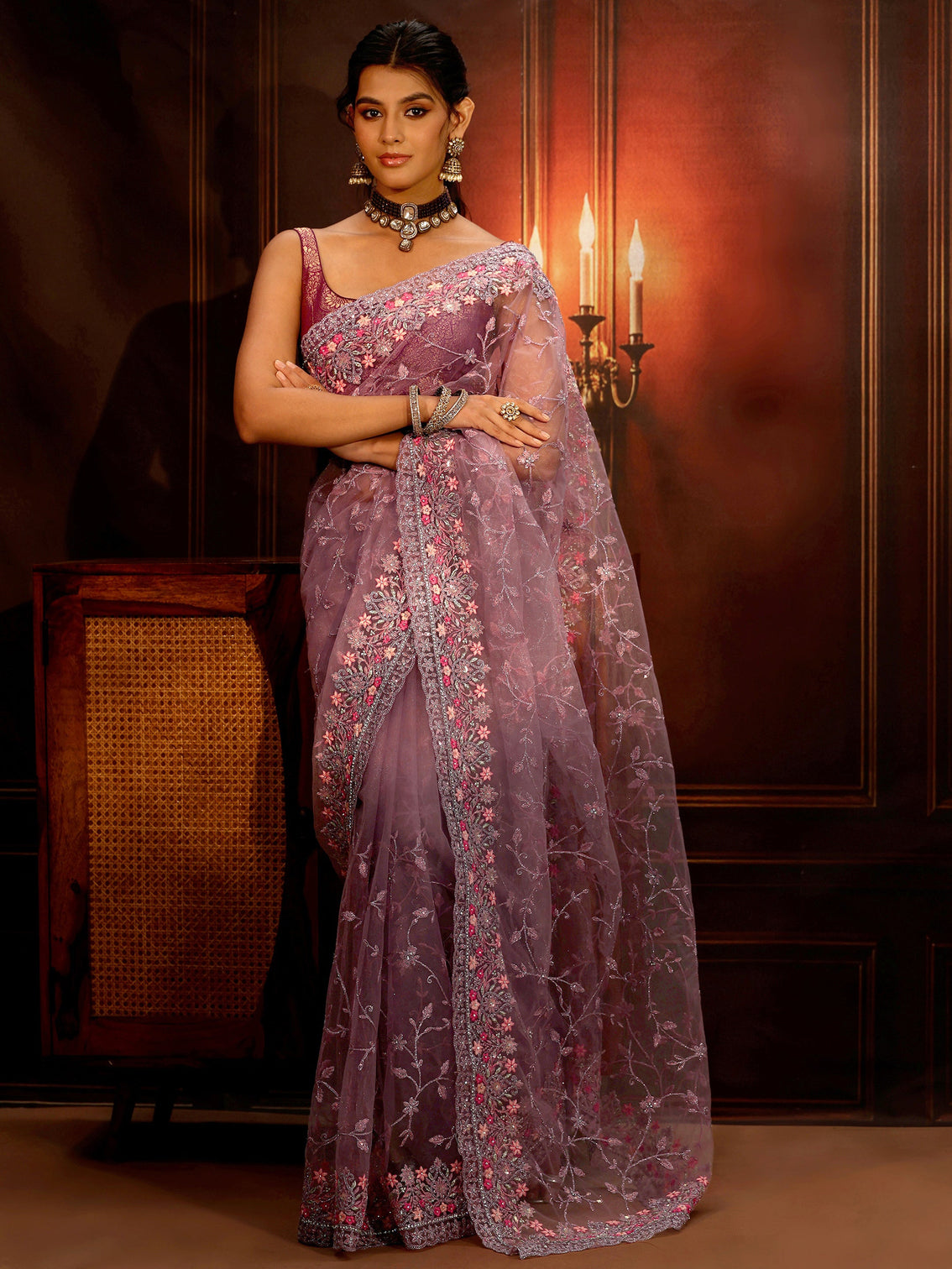 Mameraa Lavender Floral Embroidered Net Saree