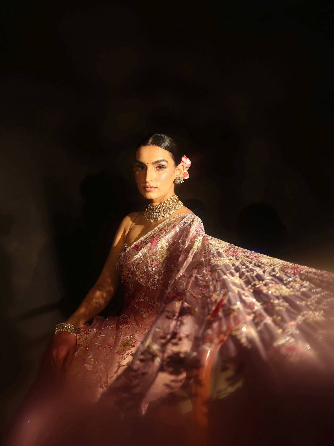 Mameraa Art Baby Pink Floral Embroidered Net Saree