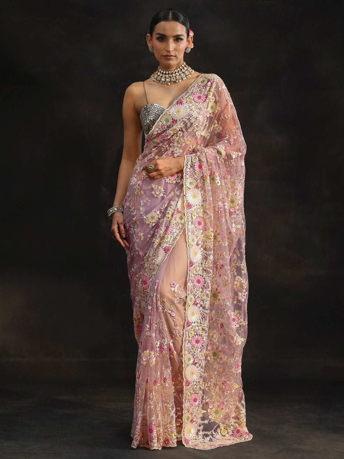 Mameraa Art Baby Pink Floral Embroidered Net Saree