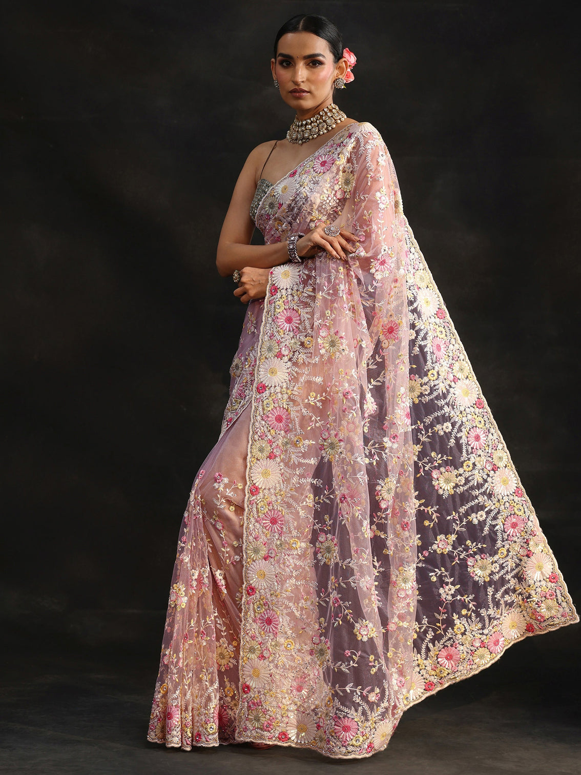 Mameraa Art Baby Pink Floral Embroidered Net Saree