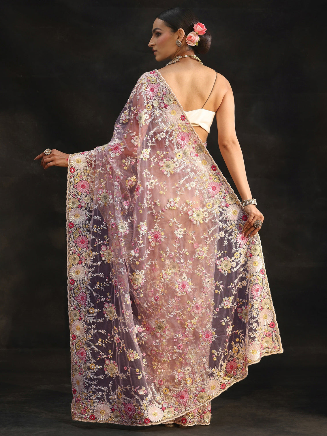 Mameraa Art Baby Pink Floral Embroidered Net Saree