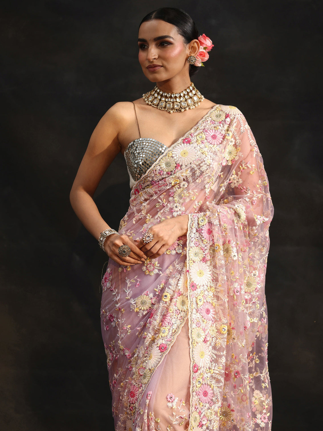 Mameraa Art Baby Pink Floral Embroidered Net Saree