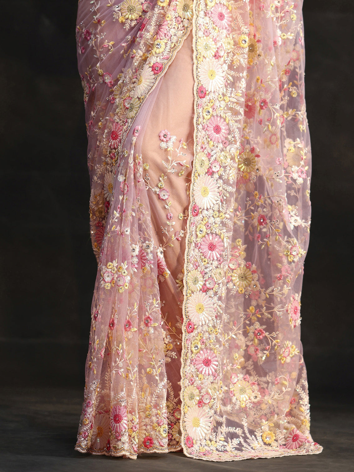 Mameraa Art Baby Pink Floral Embroidered Net Saree
