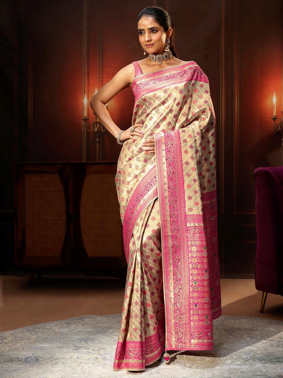 Mameraa Gold Woven Design Silk Blend Saree with Embellished Pallu