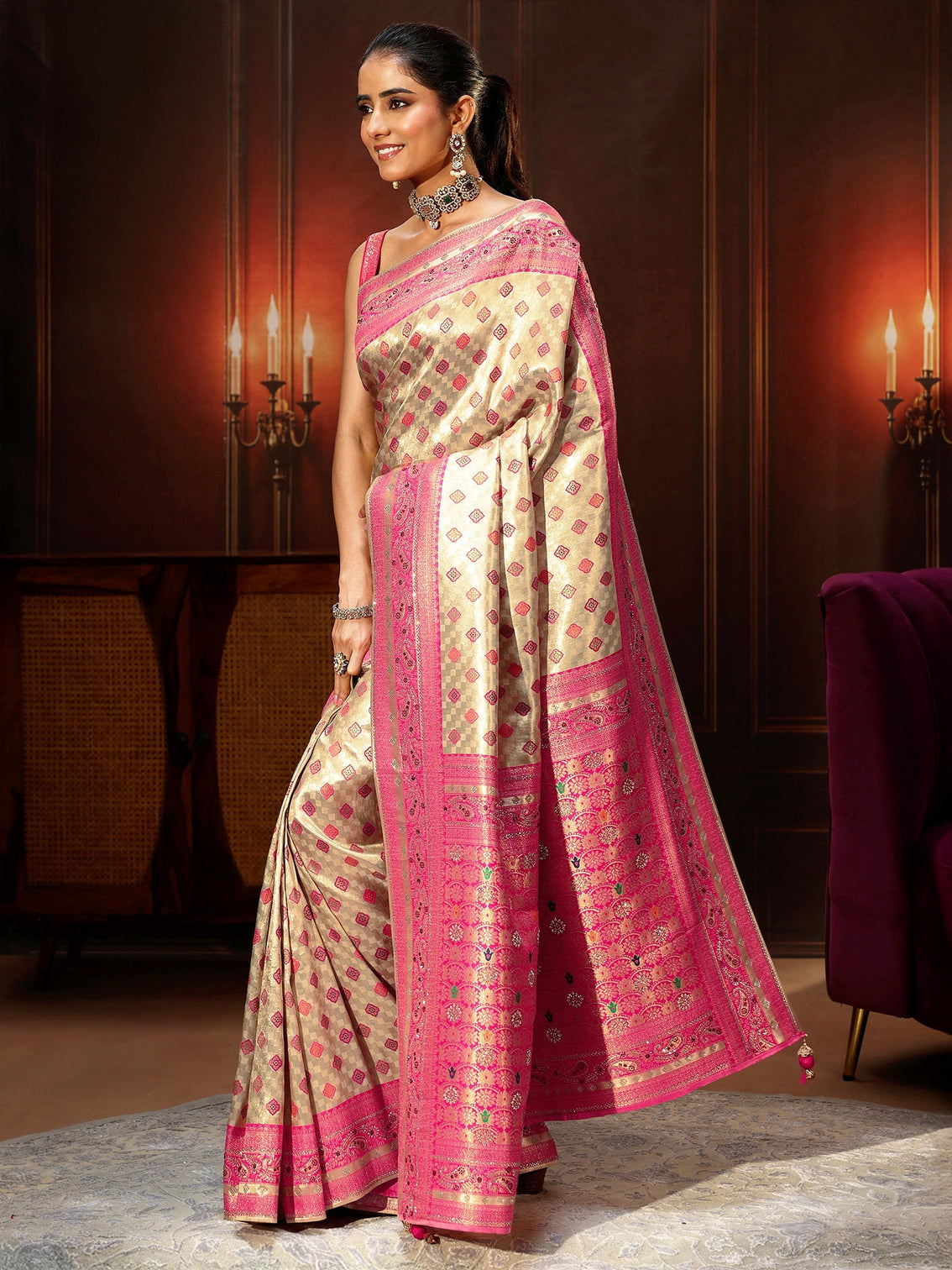 Mameraa Gold Woven Design Silk Blend Saree with Embellished Pallu
