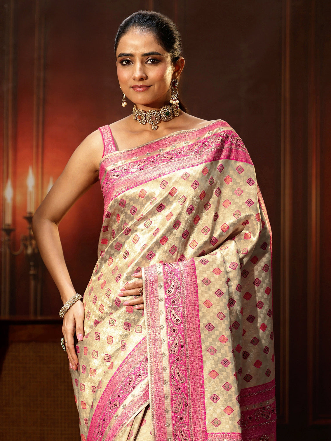 Mameraa Gold Woven Design Silk Blend Saree with Embellished Pallu