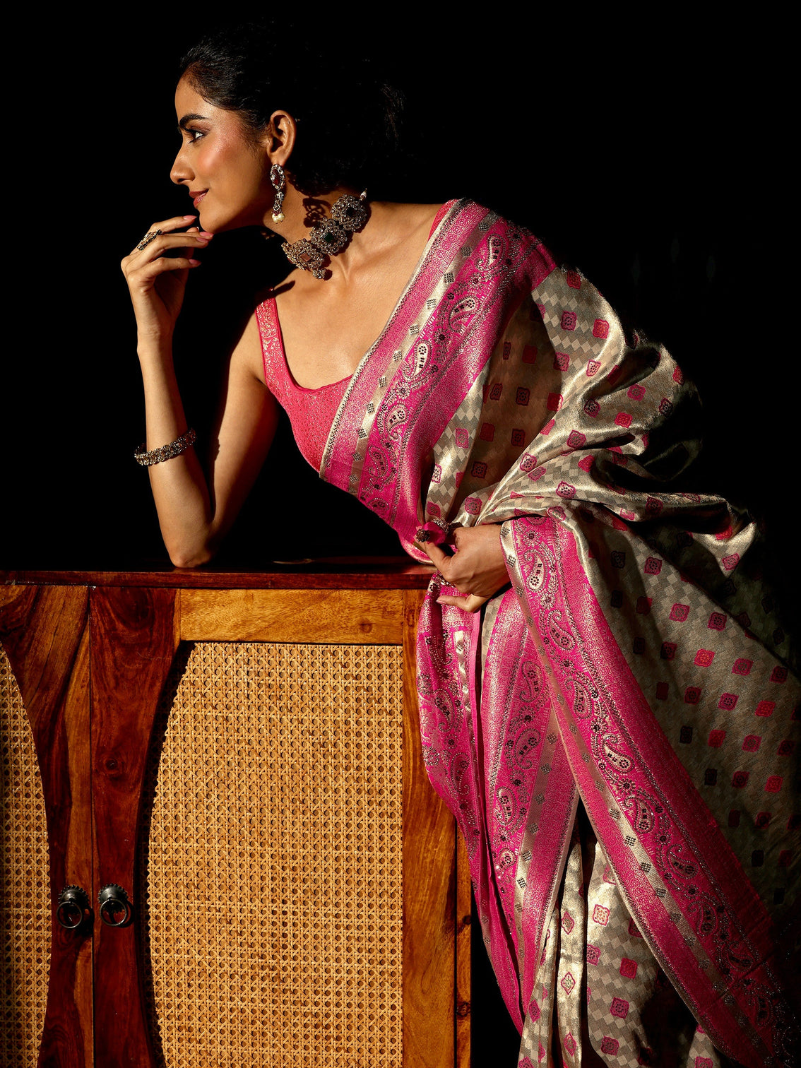 Mameraa Gold Woven Design Silk Blend Saree with Embellished Pallu