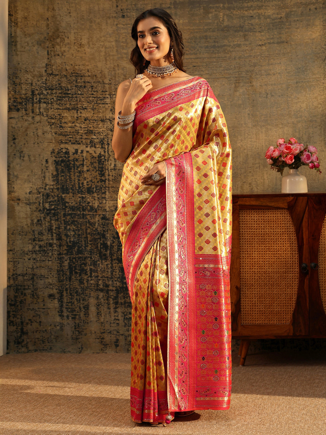 Mameraa Mustard Woven Silk Blend Saree with Paisley Embellished Border
