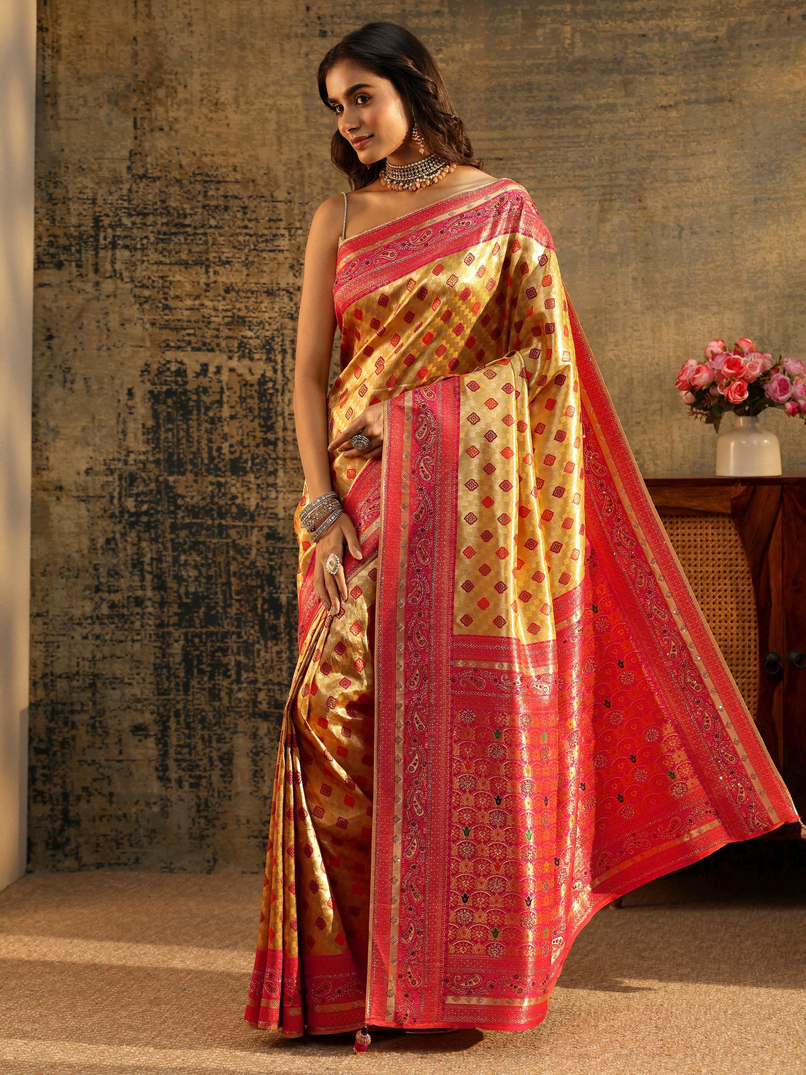 Mameraa Mustard Woven Silk Blend Saree with Paisley Embellished Border