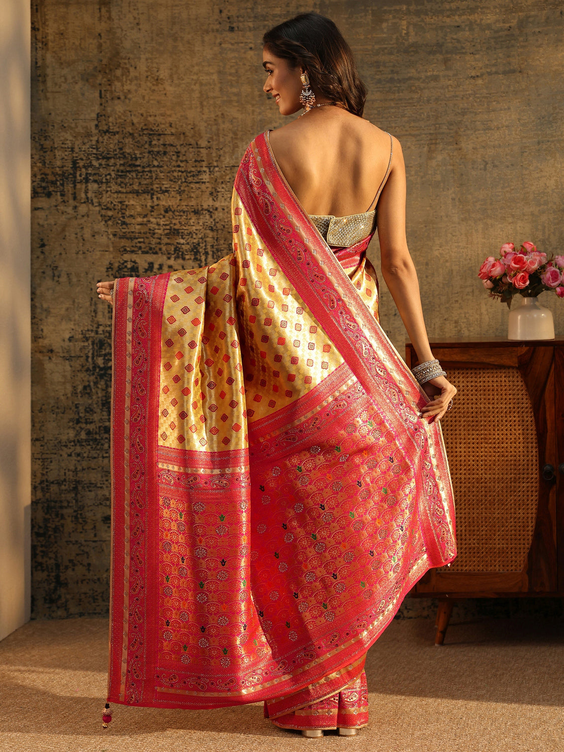 Mameraa Mustard Woven Silk Blend Saree with Paisley Embellished Border