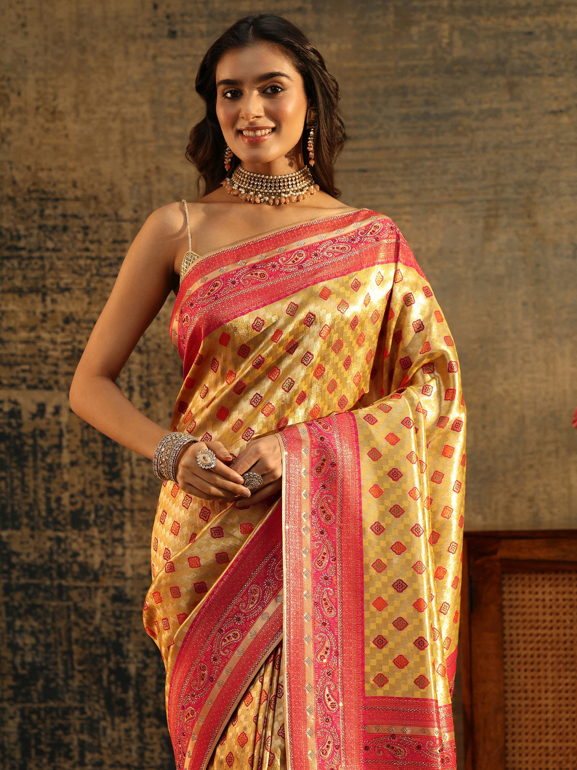 Mameraa Mustard Woven Silk Blend Saree with Paisley Embellished Border