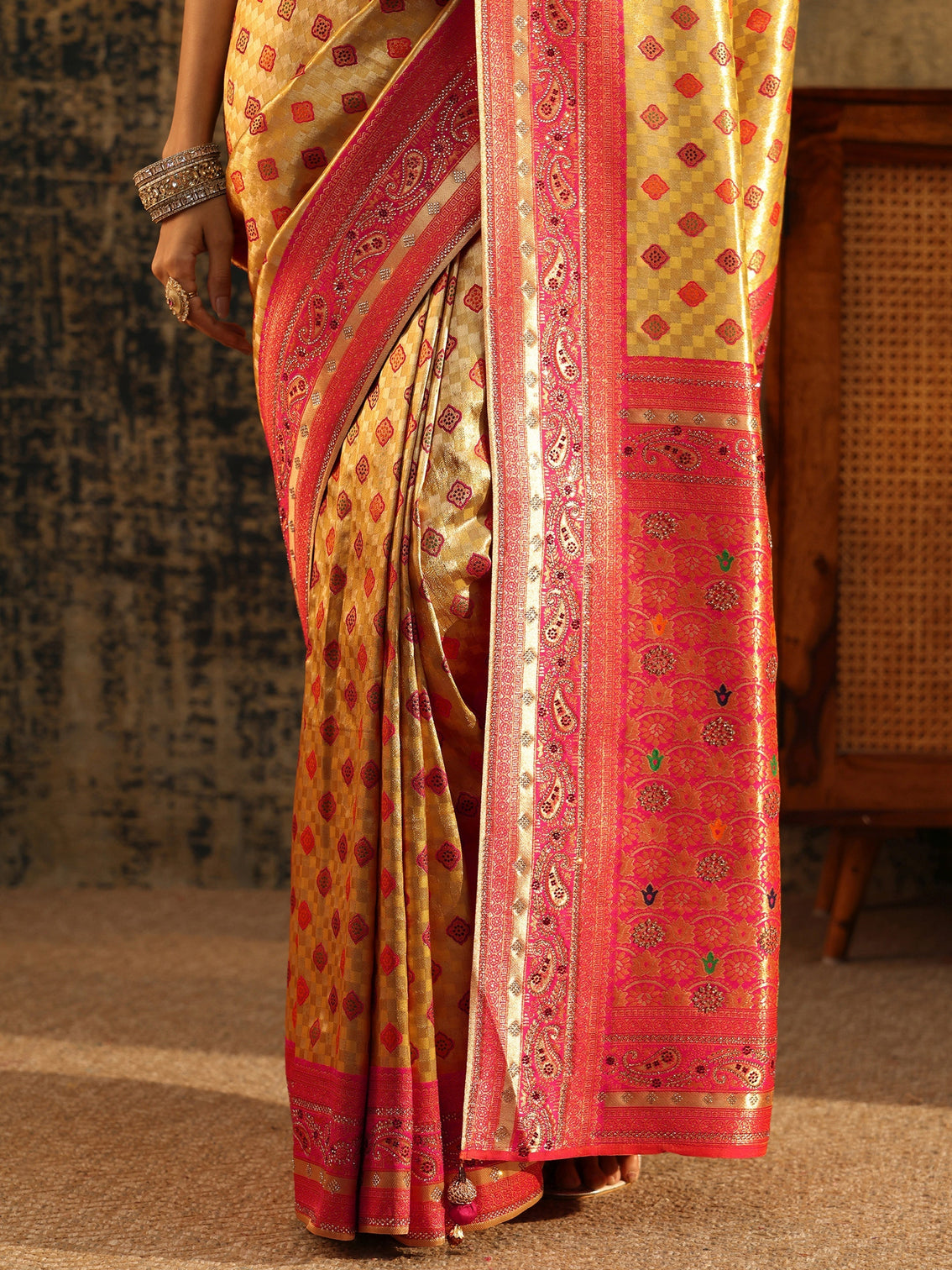 Mameraa Mustard Woven Silk Blend Saree with Paisley Embellished Border