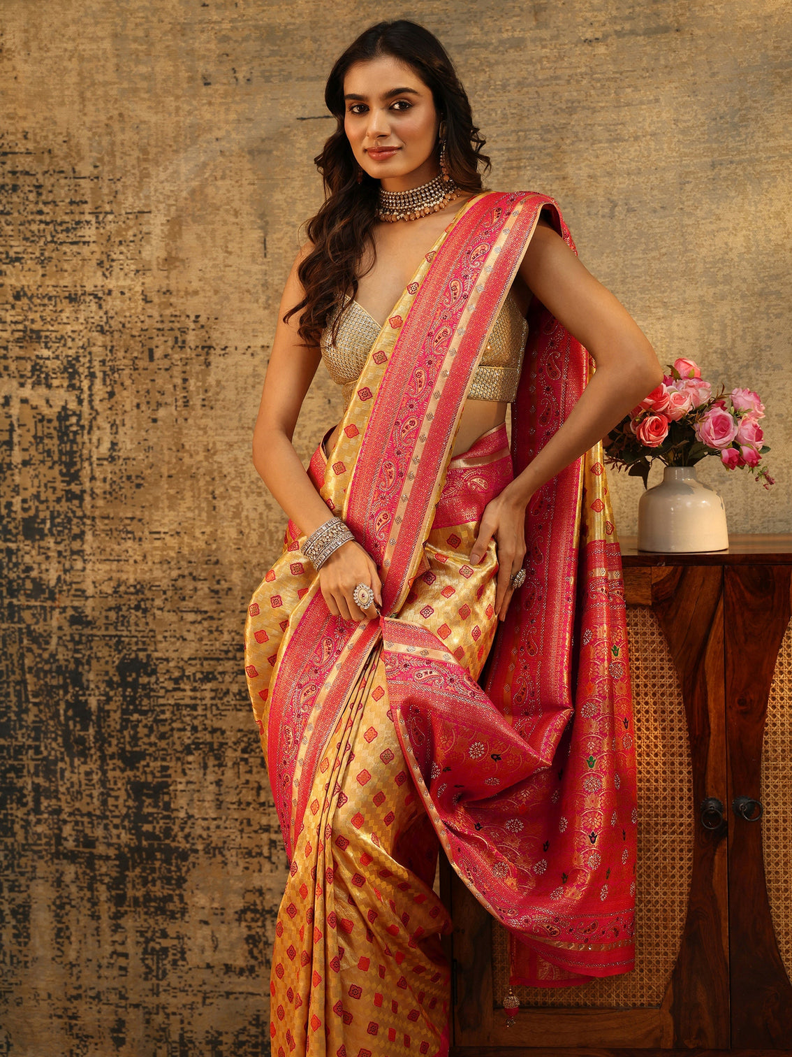 Mameraa Mustard Woven Silk Blend Saree with Paisley Embellished Border