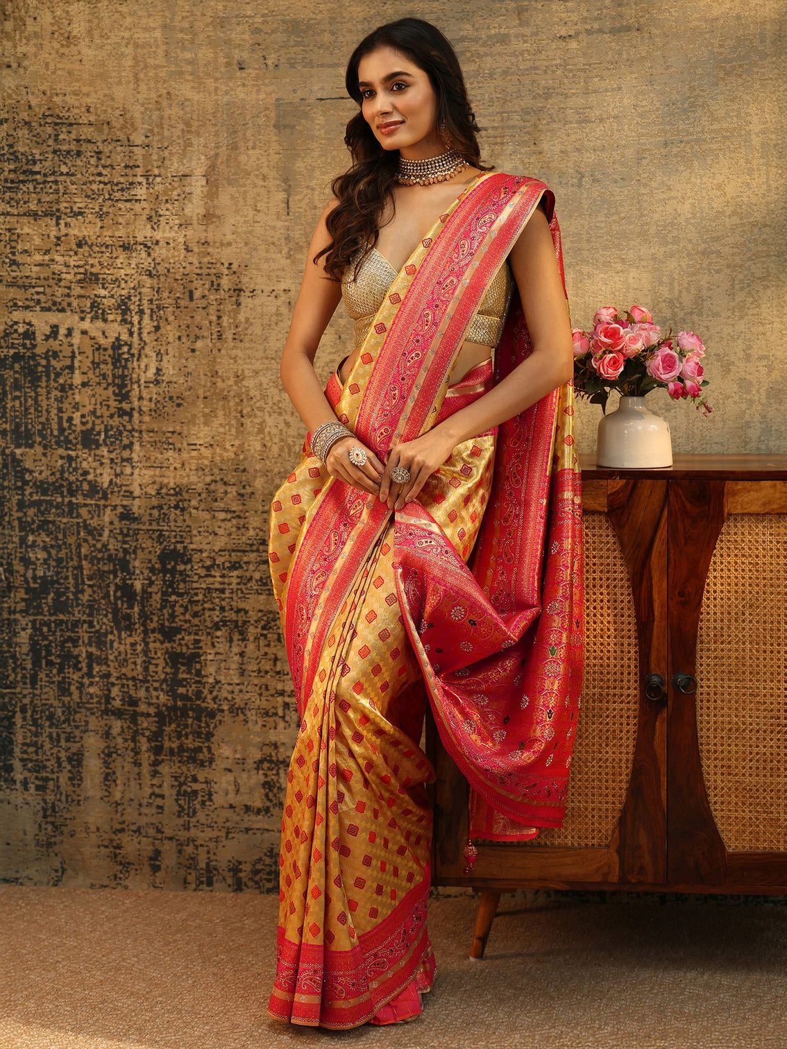 Mameraa Mustard Woven Silk Blend Saree with Paisley Embellished Border
