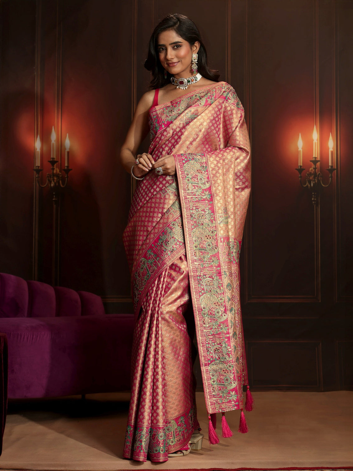 Mameraa Art Rose Pink Woven Design Silk Blend Saree