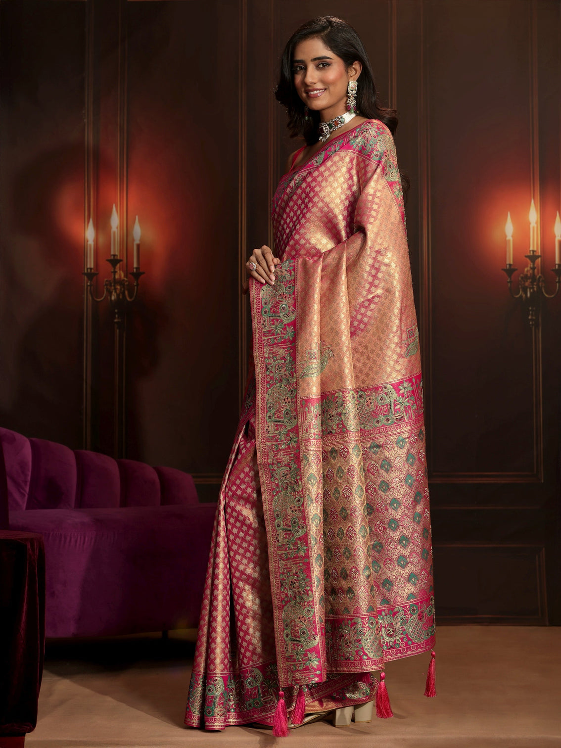 Mameraa Art Rose Pink Woven Design Silk Blend Saree