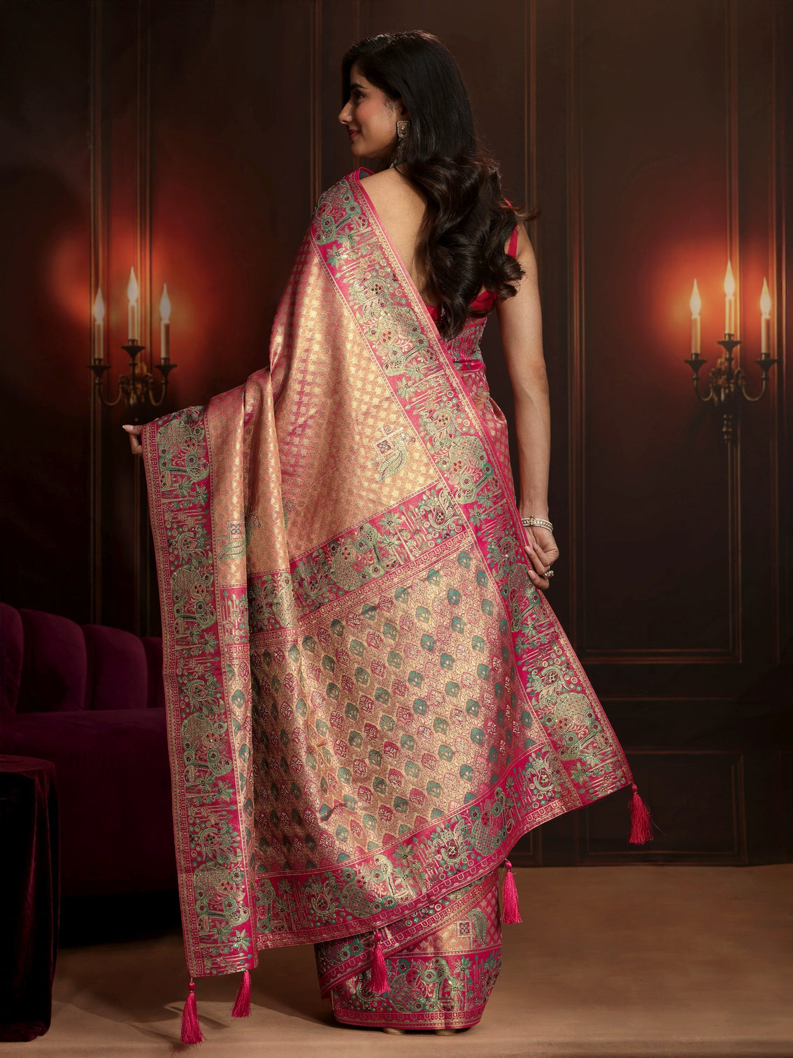 Mameraa Art Rose Pink Woven Design Silk Blend Saree