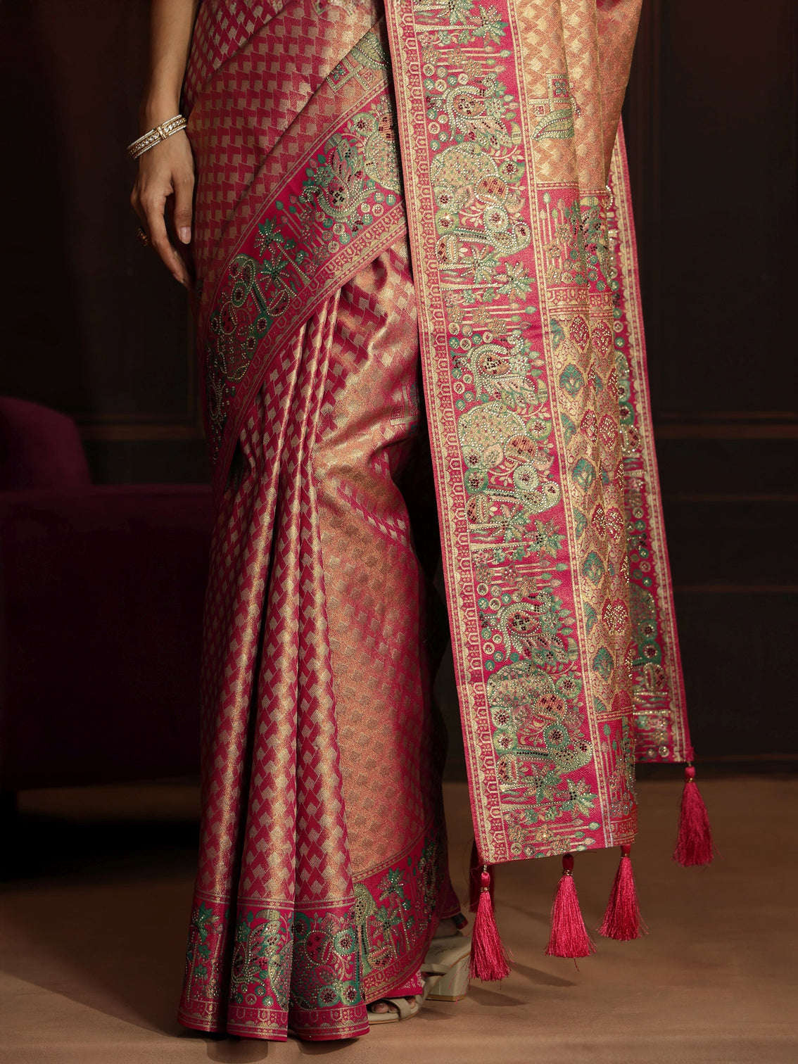 Mameraa Art Rose Pink Woven Design Silk Blend Saree