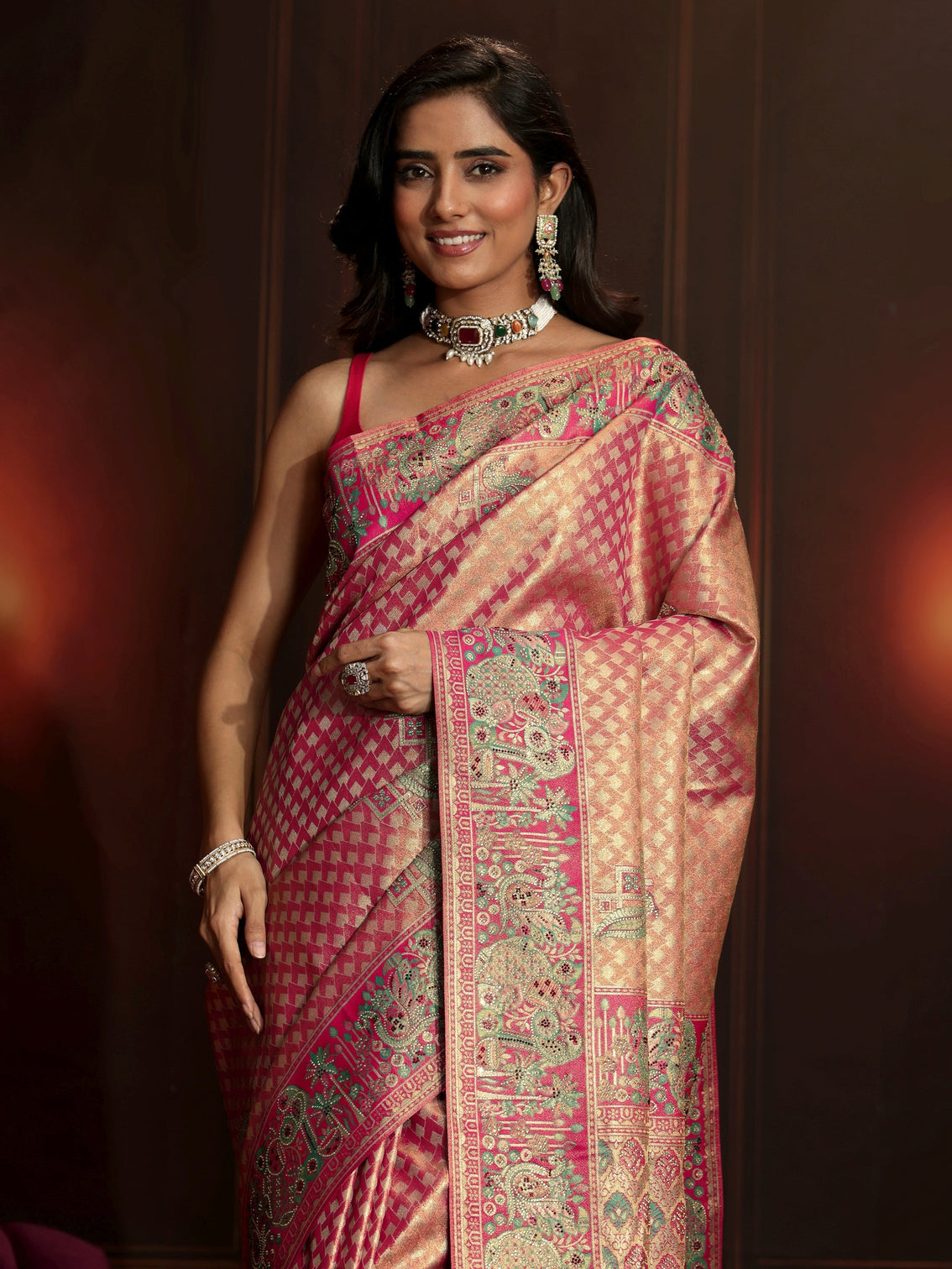Mameraa Art Rose Pink Woven Design Silk Blend Saree