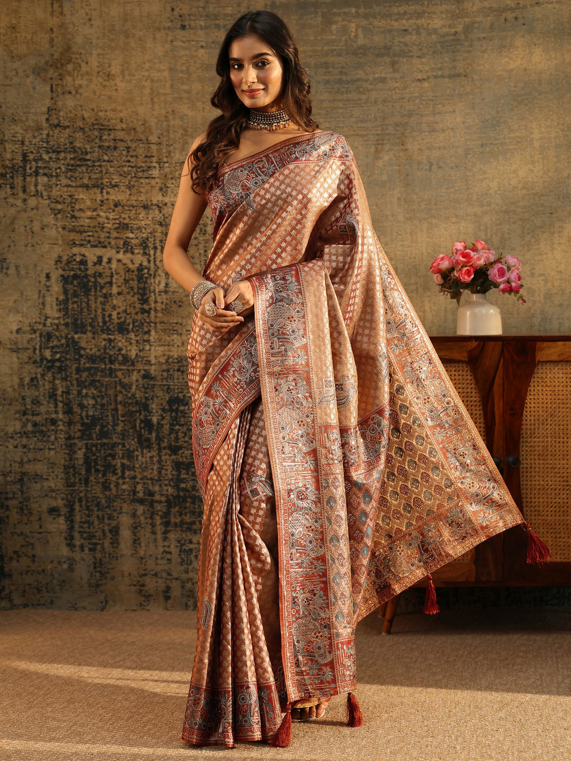 Mameraa Art Rust Brown Banarasi SIlk Blend Saree