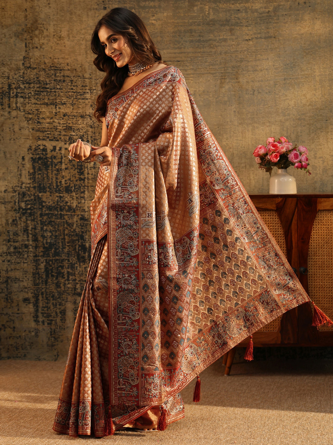 Mameraa Art Rust Brown Banarasi SIlk Blend Saree