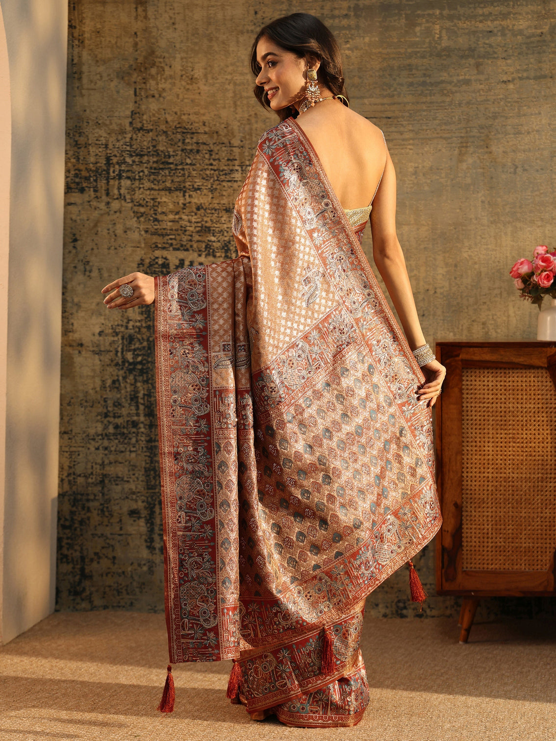 Mameraa Art Rust Brown Banarasi SIlk Blend Saree