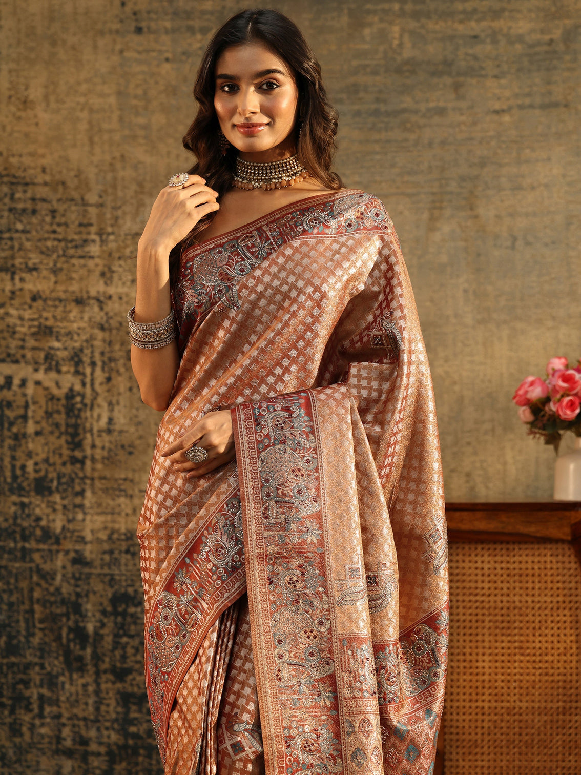 Mameraa Art Rust Brown Banarasi SIlk Blend Saree
