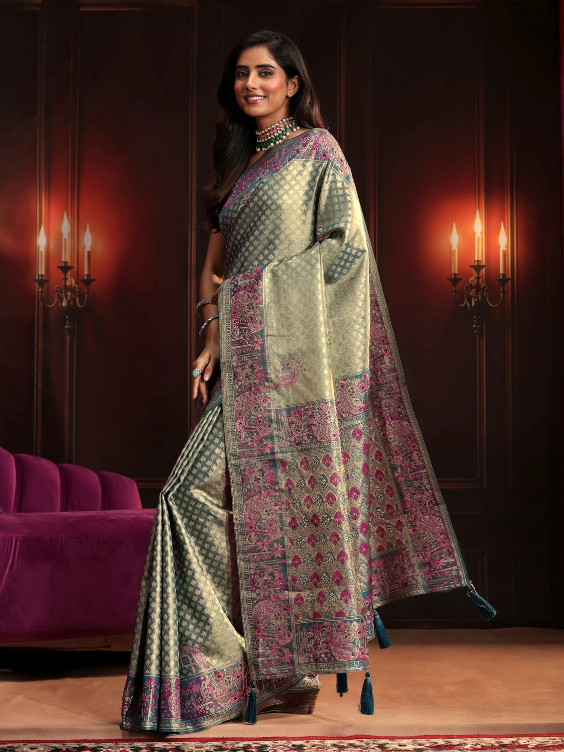 Mameraa Art Teal Green Woven Design Silk Blend Saree