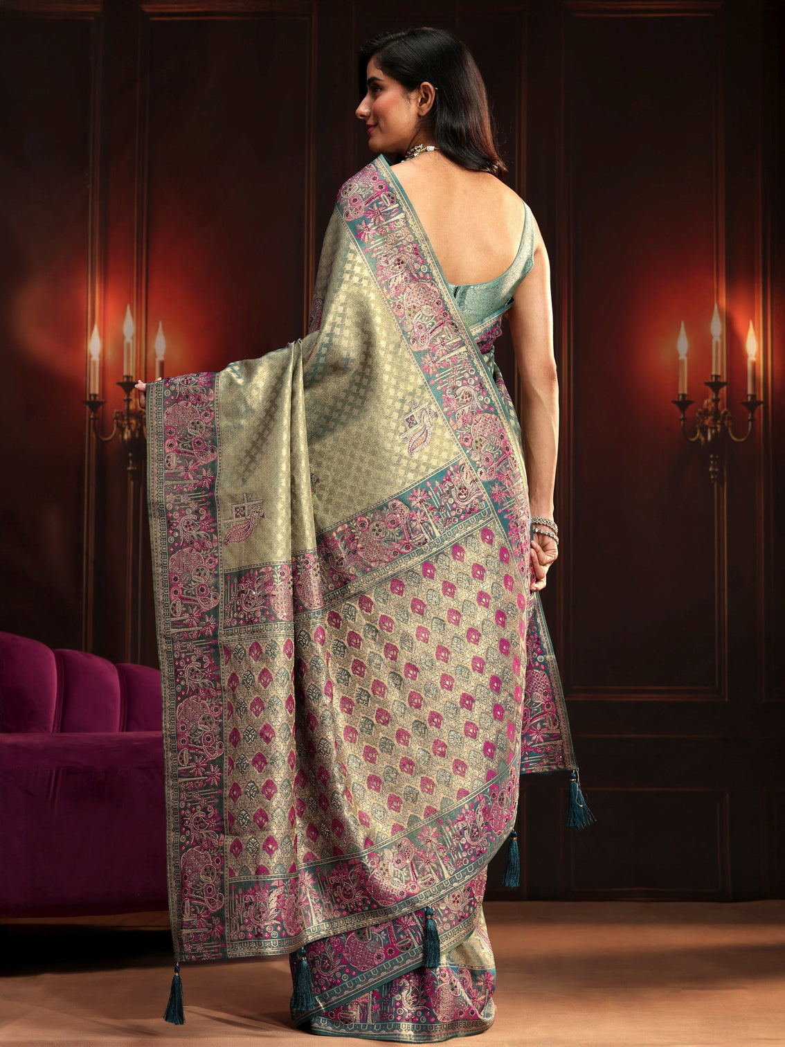 Mameraa Art Teal Green Woven Design Silk Blend Saree